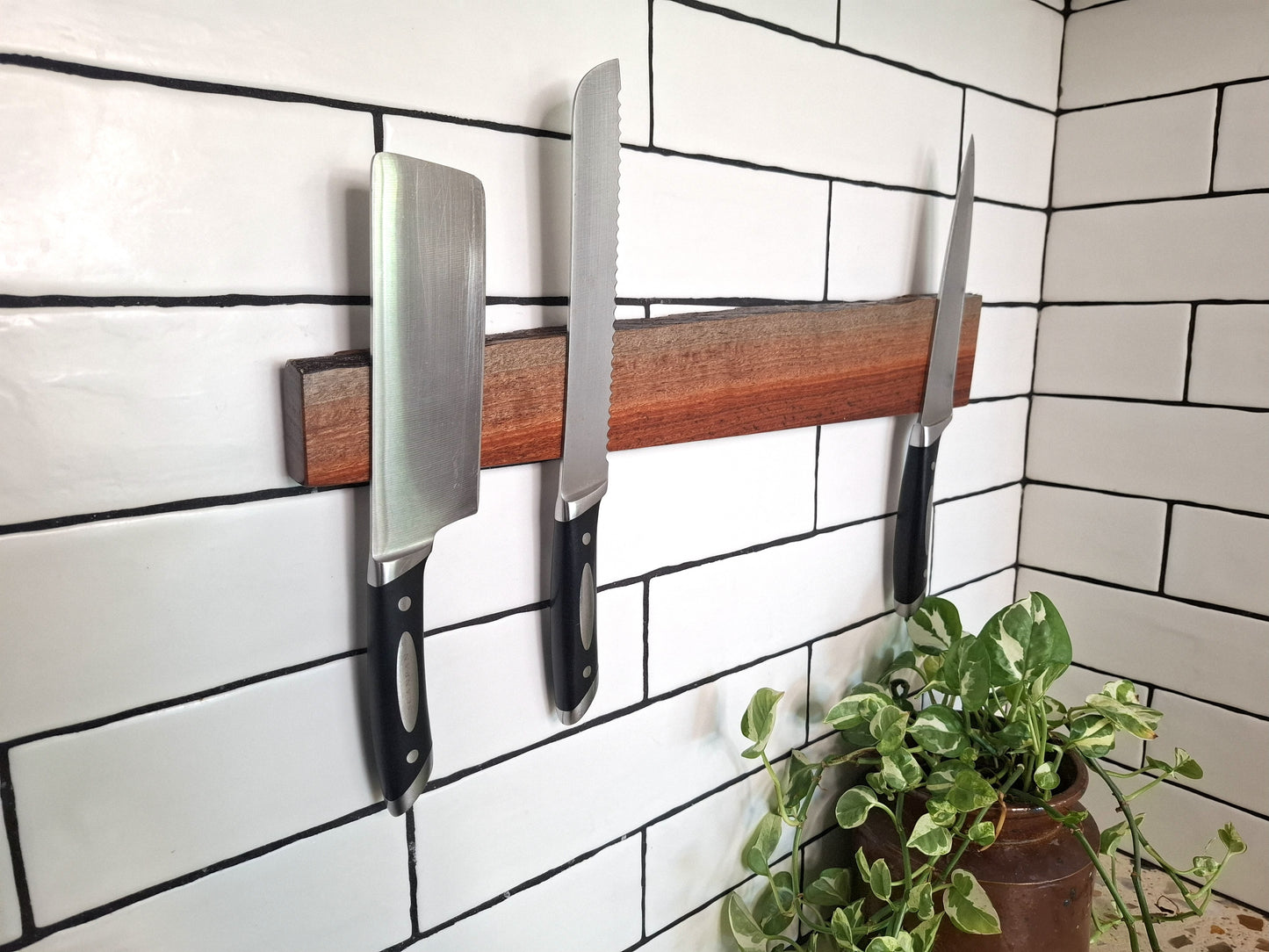 Magnetic Wooden Knife Holder, Handmade Knife Rack with Strong Magnets, Wall-Mounted Knife Strip